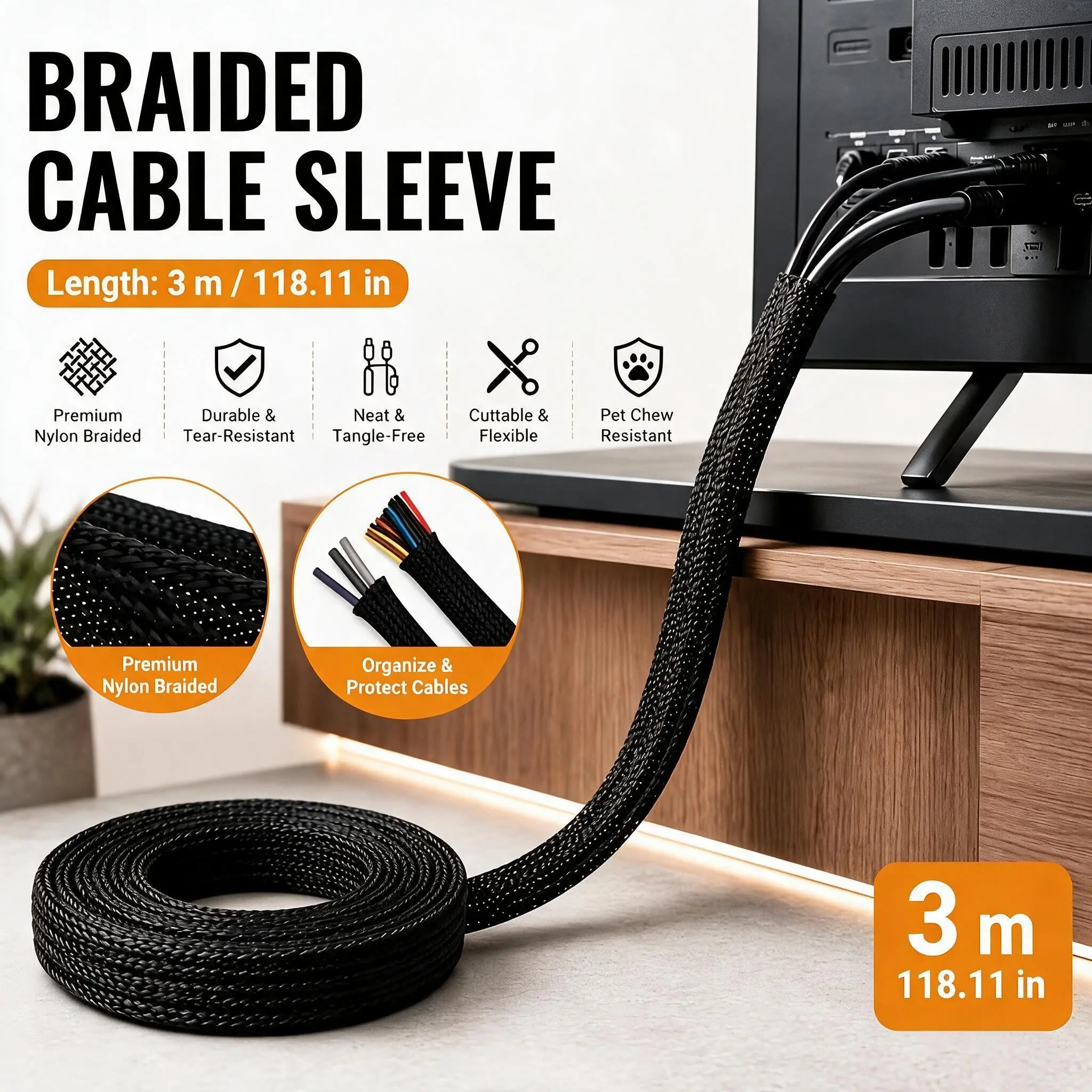 12mm*3m Nylon Braided Cable Management Sleeve, Pet-Proof Wire Protector, Stretchable Cord Organizer for Computers Tvs Home Office