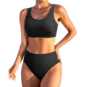 Holipick Women High Waisted Two Piece Bikini Sports Crop Top Swimsuit Scoop Neck Bathing Suit for Teen Girls with Bottom DealsForYouDays
