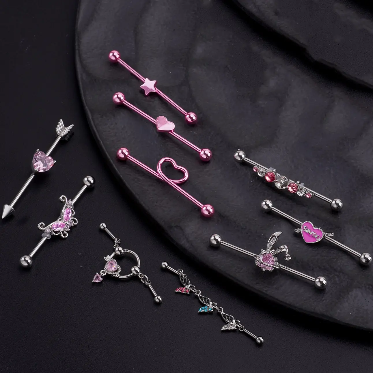 3pc Stainless Steel Cross Bar Earrings - Heart-Shaped Barbell Ear Cuffs, Fashion Piercing Costume Jewelry