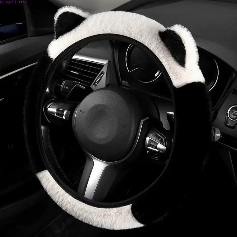 1Pc Cat Ear Faux Fur Car Steering Wheel Cover Trendy Kawaii Aesthetic Interior Accessory Cozy Soft Universal Vehicle Wheel Protector Sleeve