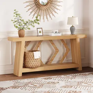 70.9 Inch Solid Wood Console Table, Narrow Farmhouse Couch Table Behind Sofa with 2-Tier Storage Ultra-Stable Trapezoid Leg Sofa Table Behind Couch for Entrance Foyer Living Room
