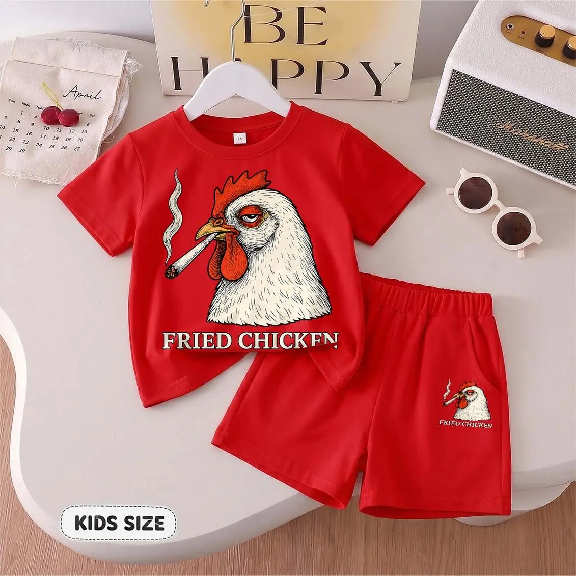 Kids' 2-Piece Chicken Motif Short-Sleeve T-Shirt & Shorts Set, Breathable Soft Casual Summer Boys' Outfit, Children’s Size Elastic Waist for Kids Outdoor Play, Round Neck