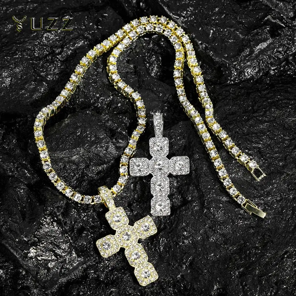 Hip Hop Cross Pendant Tennis Necklace with 4mm Sparkly Rhinestones, Unisex Customizable 20inch Jewelry in Gold, Silver & Rose Gold, Gold 20Inch Chainb