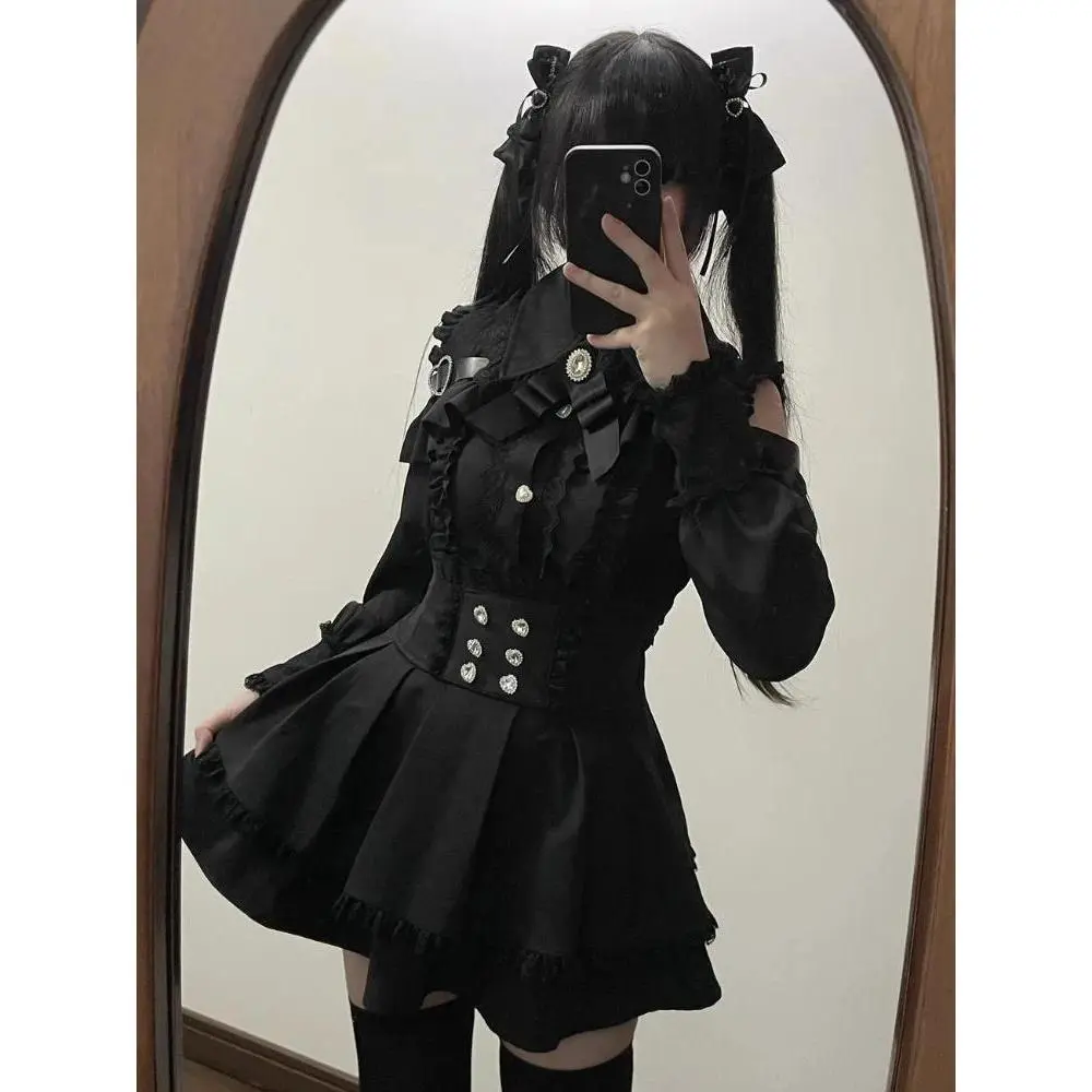 Japanese 2 Piece Dress Sets Women Bow Dress Shorts Set Lolita Sweet Long Sleeve Plaid Shirt Dresses Kawaii Lolita Y2k Outfits