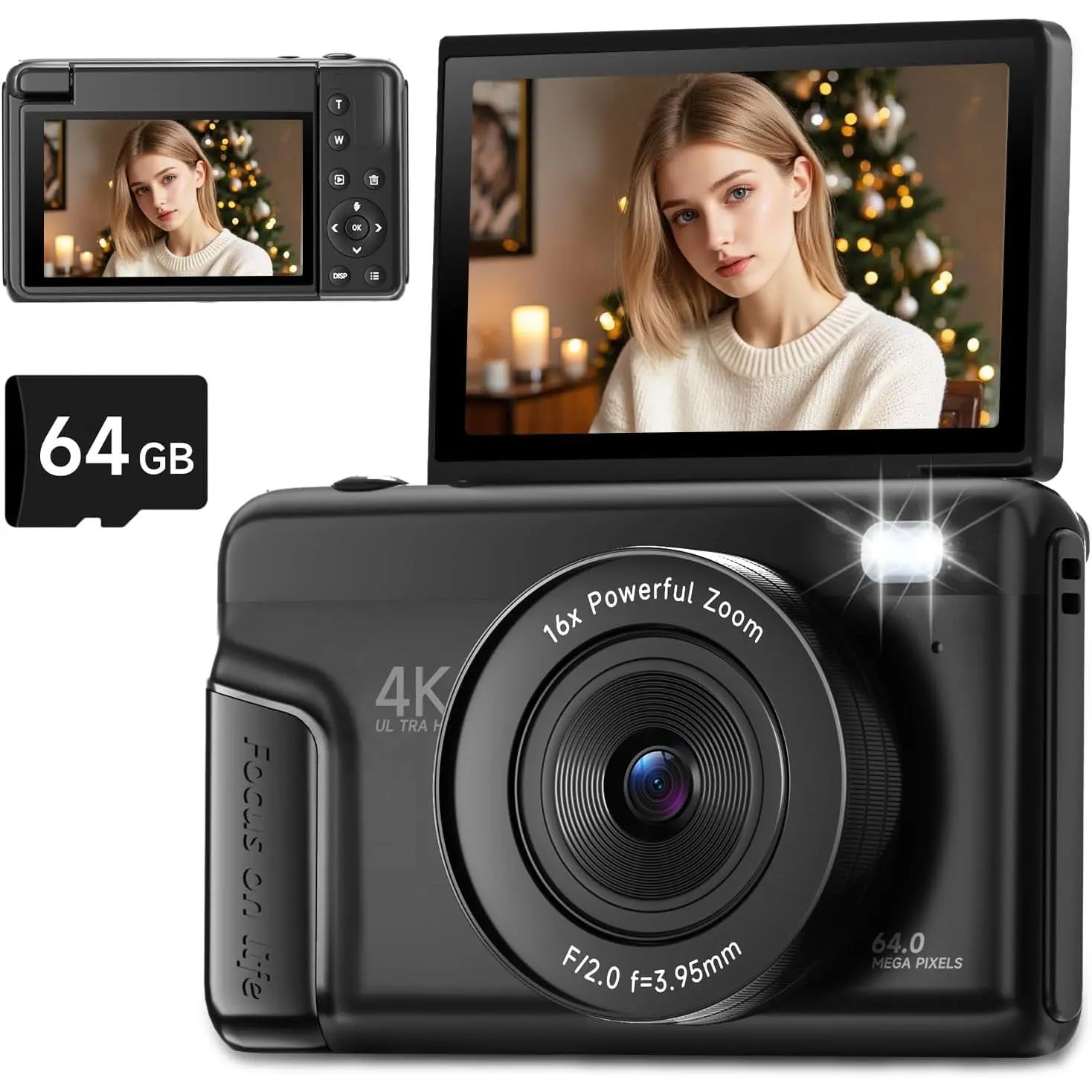 4K Digital Camera for Photography and Vlogging, 64MP Autofocus Digital Camera for YouTube with 3" 180° Flip Screen, 16X Zoom Compact Point and Shoot Camera with 64GB SD Card for Beginner Travel, Black