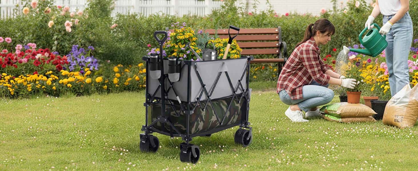 Wagon Cart Collapsible Double Decker 440 lbs Heavy Duty Wagon with All-Terrain Wheels & Adjustable Handle, Portable 400L Storage Utility Cart for Garden, Camping, Sports, Shopping (Grey)