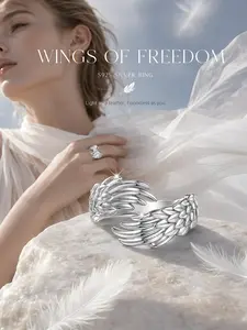 Women's Fashion S925 Sterling Silver Angel Wings Ring, Unique Rings, Statement Ring, Adjustable Open Design, Hypoallergenic, Perfect for Daily Wear, Birthday Gift, Adjustable Rings