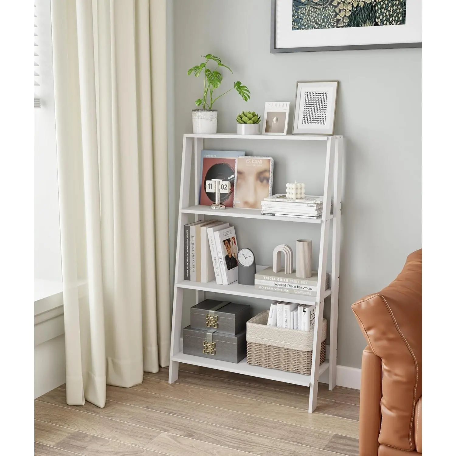 4 Tier Ladder Bookshelf for Storage, Bathroom Ladder Shelf Shelves, Freestanding Display Stand for Living Room, Kitchen, Bedroom, Balcony, White
