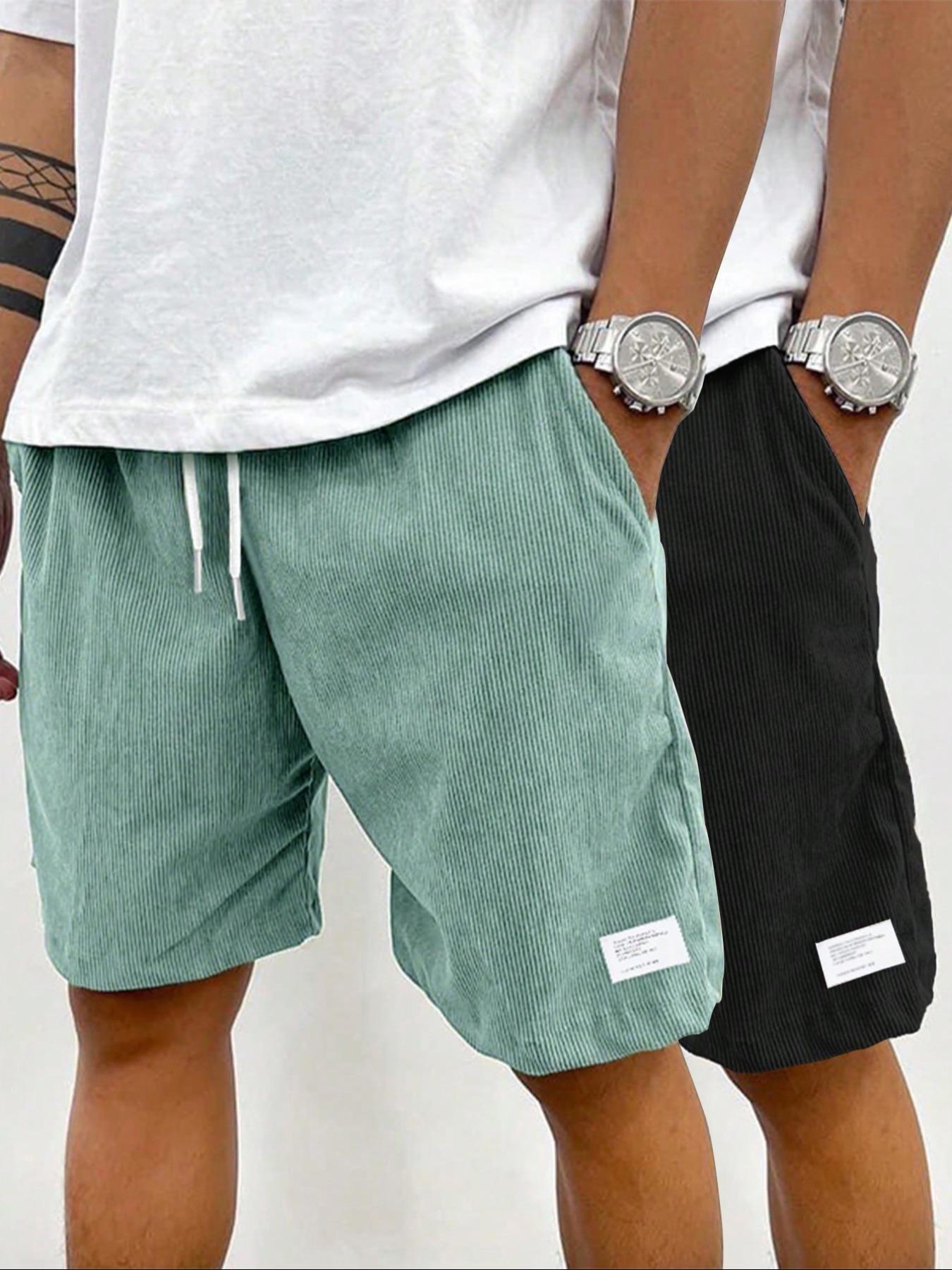 Men's Solid Patched Drawstring Waist Shorts, Regular Fit Casual Pocket Elastic Waist Shorts for Summer, Men's Bottoms for Daily Wear, Front Pocket Shorts