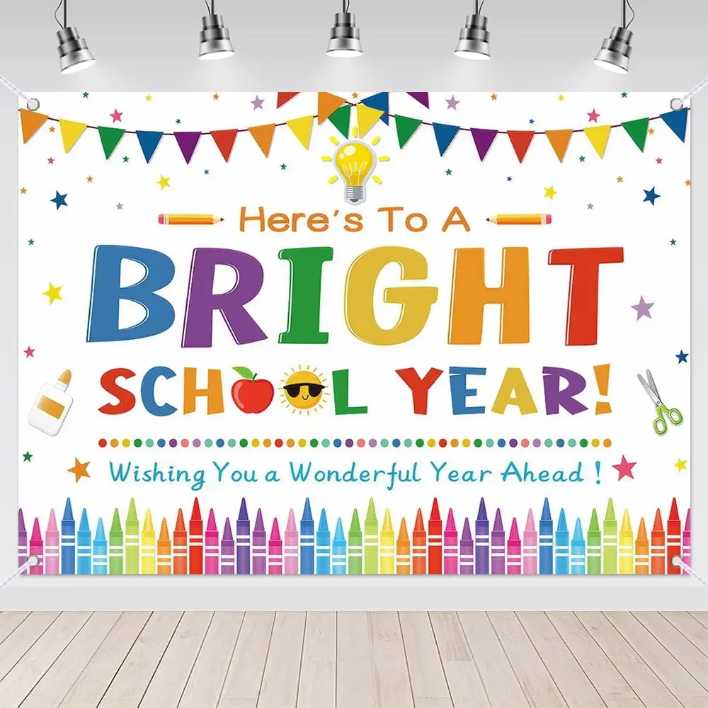 Bright School Classroom Backdrop, Colorful Learning Banner Decoration with Books, Alphabet and School Supplies for Events, Photography, Parties and Wall Displays
