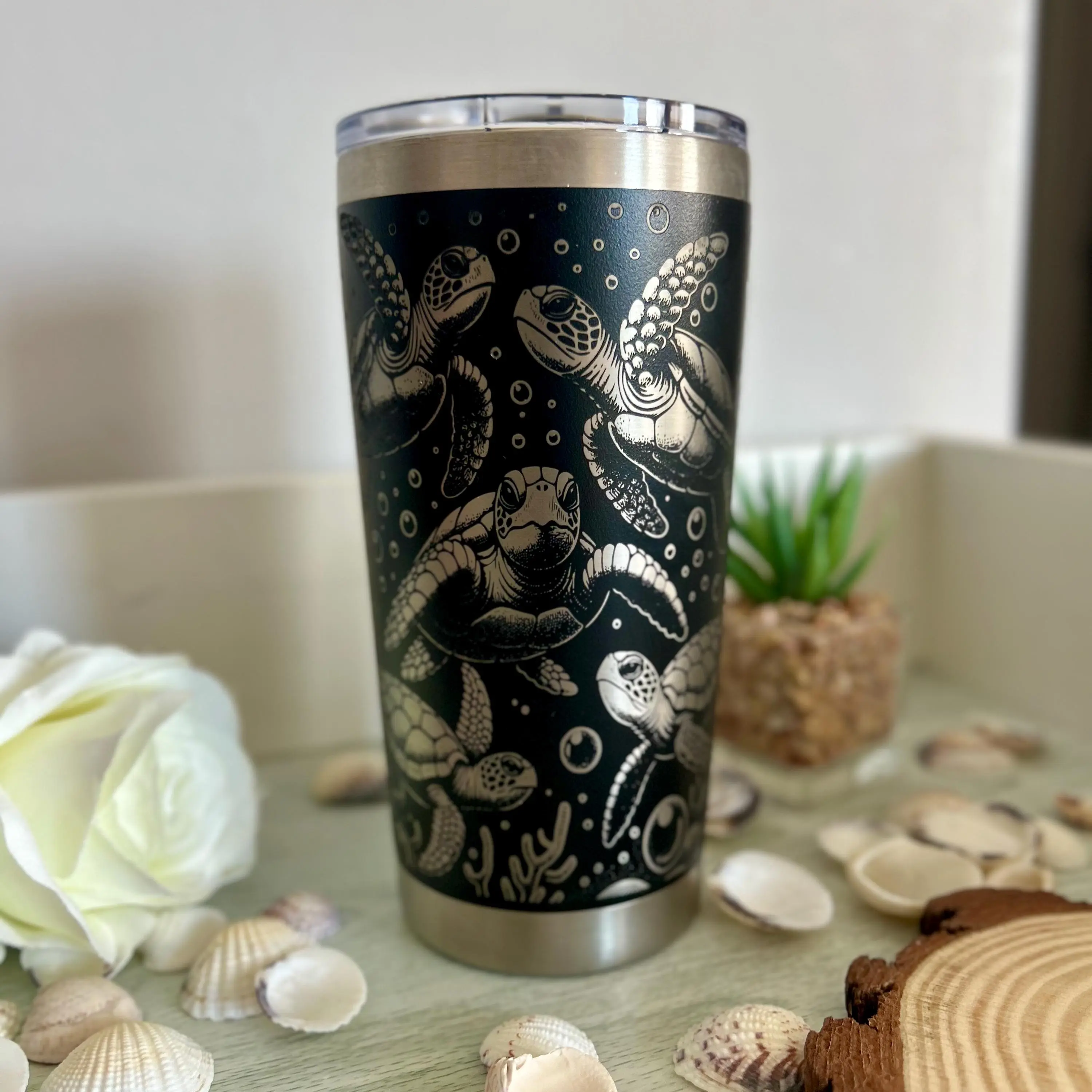 Sea Turtle 360 Engraved Tumbler 20oz Full Wrap Ocean Gift Custom Insulated Stainless Steel Travel Mug Personalized Laser Etched Drinkware Flasks Bottles