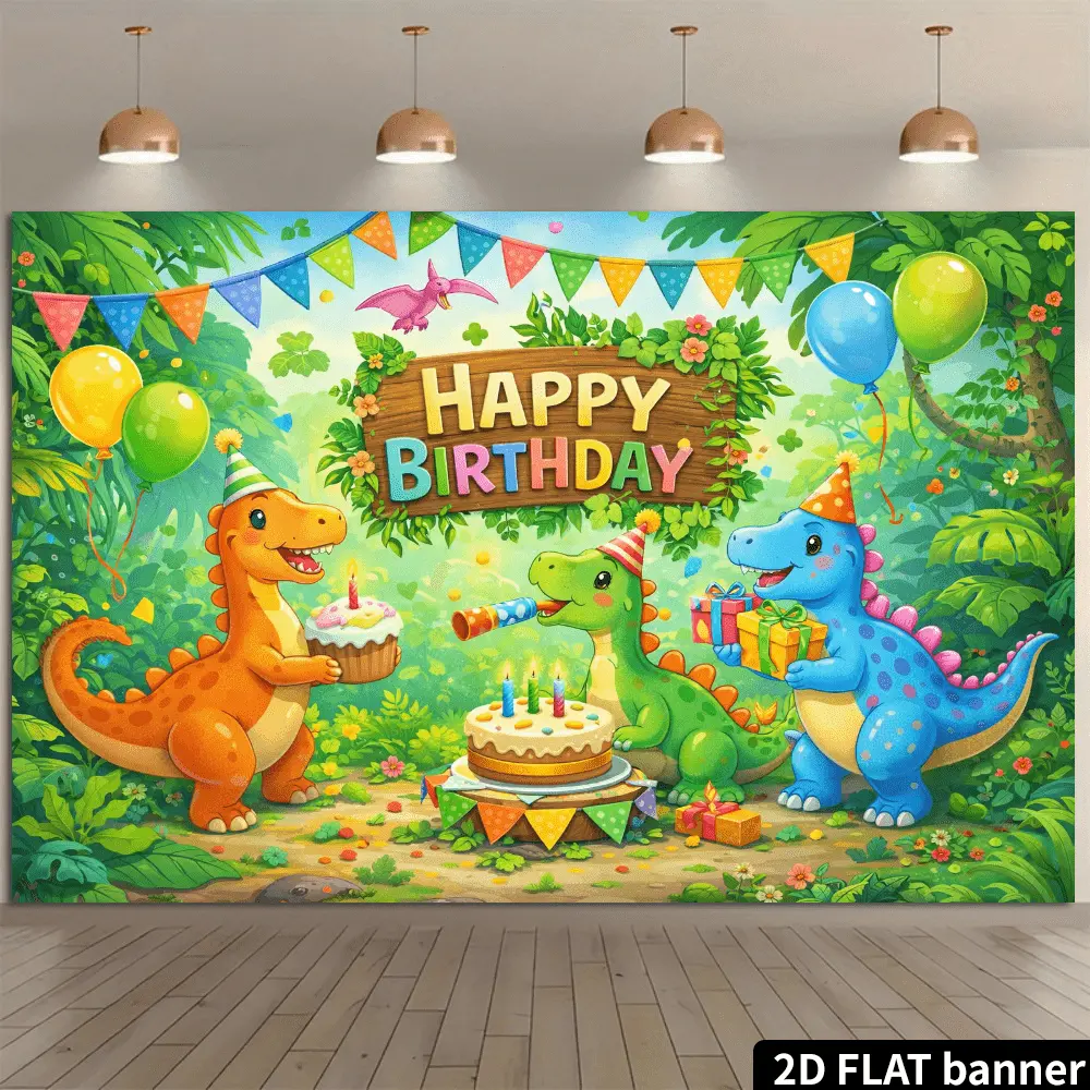 2D Flat HD Digitally Printed Dinosaur Jungle Happy Birthday Polyester Photography Backdrop - Soft, Lightweight, Foldable Animals Photobooth Print Festive Backdrops & Banners for Birthday Parties, Portrait Shooting