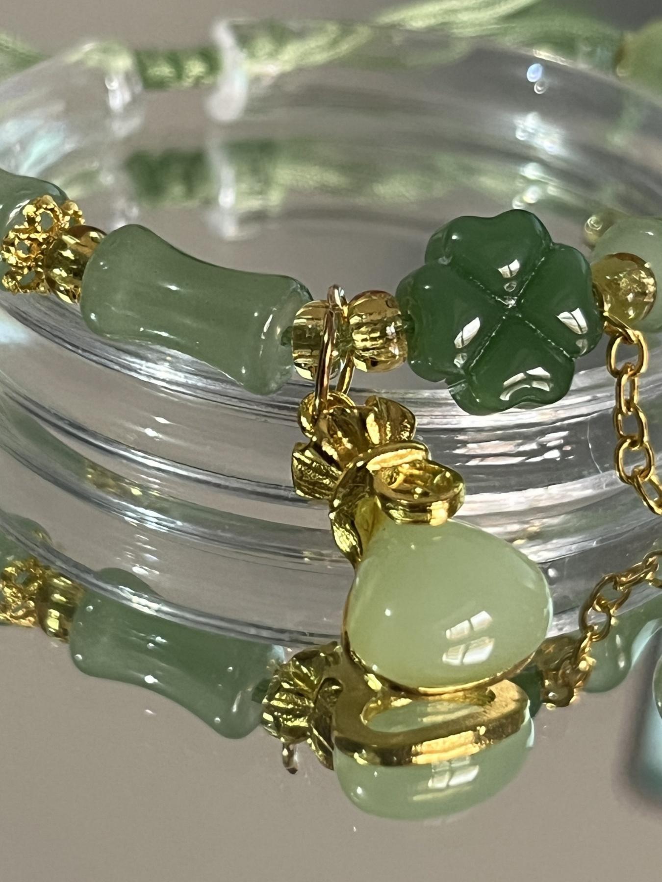 Chinese Style Four Leaf Clover Design Beaded Bracelet, Flower Design Bracelet, Fashion Resin Glass Bead Bracelet for Women for Party, Daily Clothing Decor, Trendy All-match & Exquisite Jewelry for Birthday Gift