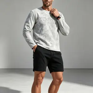 Men's Grey Crew Neck Long Sleeve Sweatshirt, Embossed Letter Logo, Soft Cloud Fuzzy Lightweight Fabric, Loose Basic Casual Fit, Breathable Daily Top, Ideal for Young Men Street & Travel Outfits