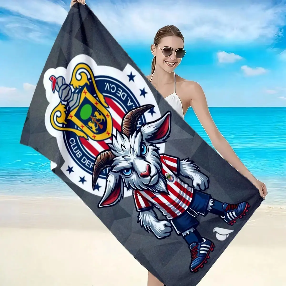 Guadalajara Football Club Goat-Themed Beach & Bath Towel - Classic Geometric Synthetic Polyester, Soft, Thick, Quick-Dry Fan Towel
