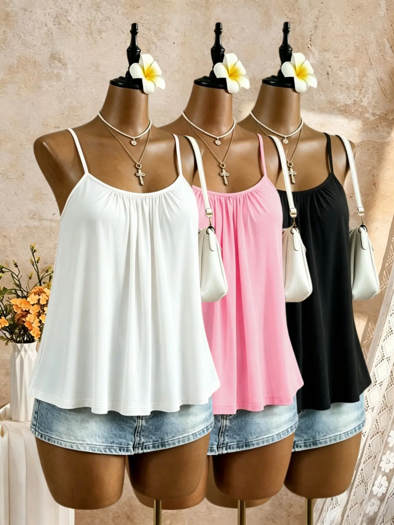 Summer Casual Women's Sleeveless Top Set, Adjustable Thin Straps, Front Ruched Loose Fit, Basic Flowy Top Summer Casual Women's Sleeveless Top Set, Adjustable Thin Straps, Front Ruched Loose Fit, Basic Flowy Top