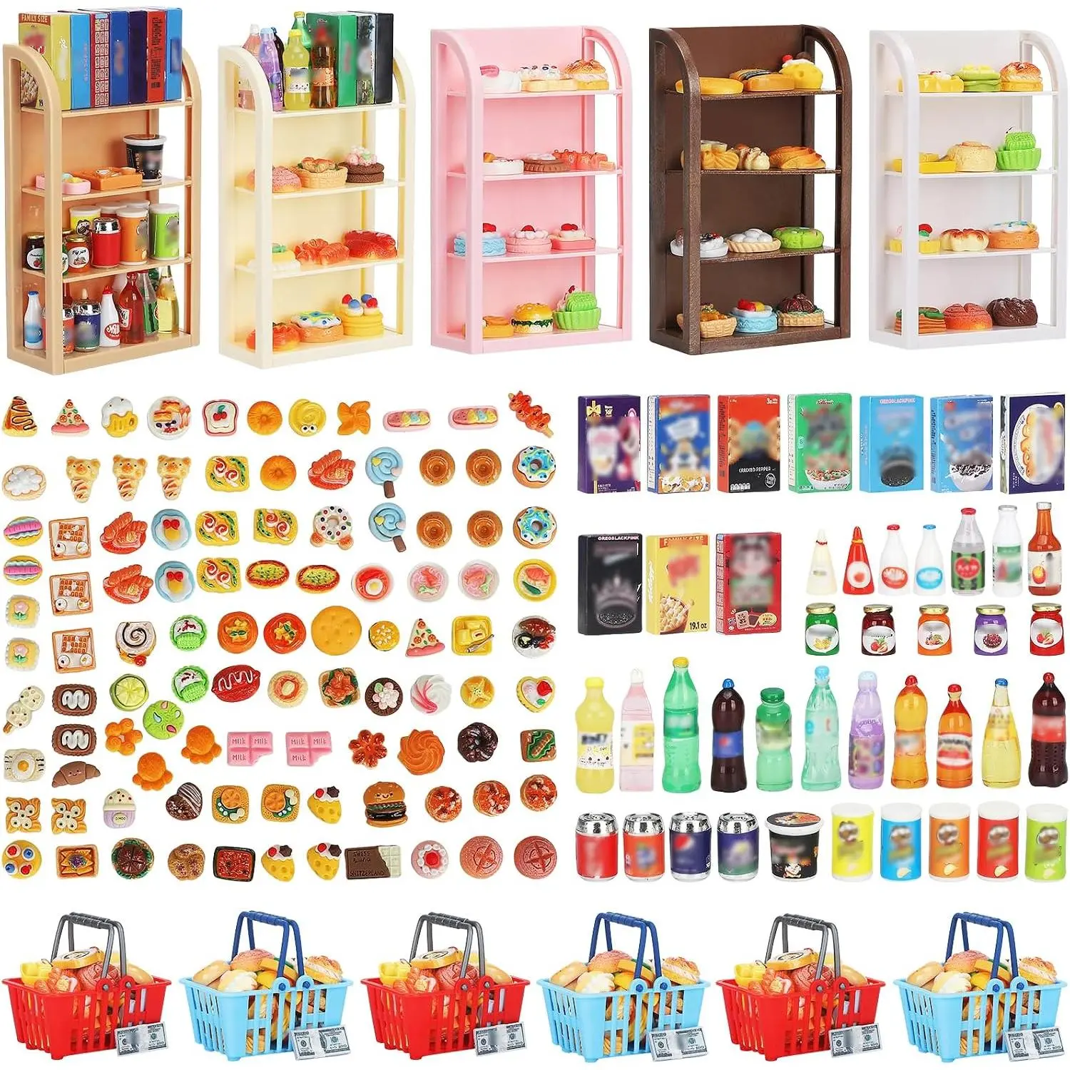 170Pcs Miniature 4 Layers Supermarket Shelves Furniture Model Doll House Accessories Display Rack Mini Locker Decor Toy for Cosplay Game Party