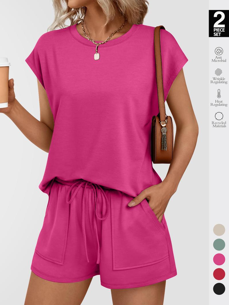 Women's Solid Curved Hem Tee & Drawstring Waist Shorts Set, Casual Cap Sleeve T-shirt & Pocket Shorts, Ladies Sleepwear for Summer, Loungewear Pajama Set