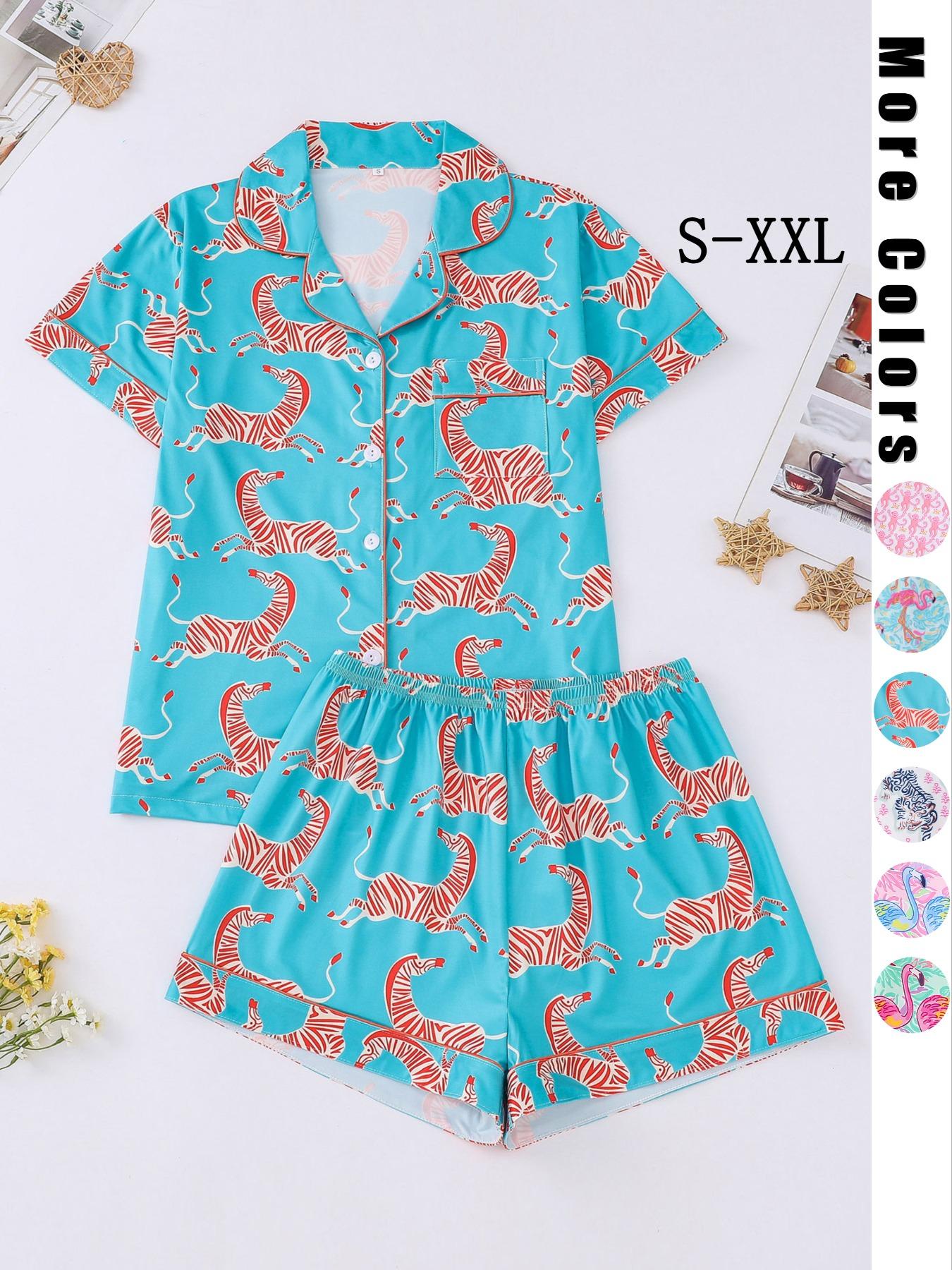Women's Monkey Print Lapel Neck Button Front Shirt & Elastic Waist Shorts Pyjama Set, Casual Comfy Short Sleeve Pocket Top & Shorts PJ Set, Ladies Sleepwear Loungewear for All Seasons