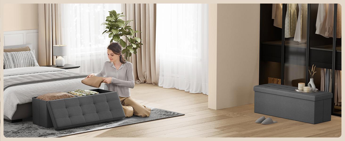 Collection - 43 Inches Folding Storage Ottoman Bench, Ottoman Foot Rest, End of Bed Bench, Storage Chest, Load 660 lb, for Living Room, Bedroom, Entryway, Dark Gray