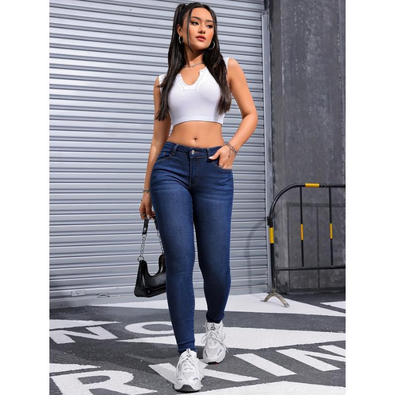 High Stretch Slim Fit Blue Denim Jeans - Soft, Comfortable, and Elegant Womens Casual Pants with Slant Pockets - Hand Wash Only, All-Season Wear, No Printing, Woven Fabric