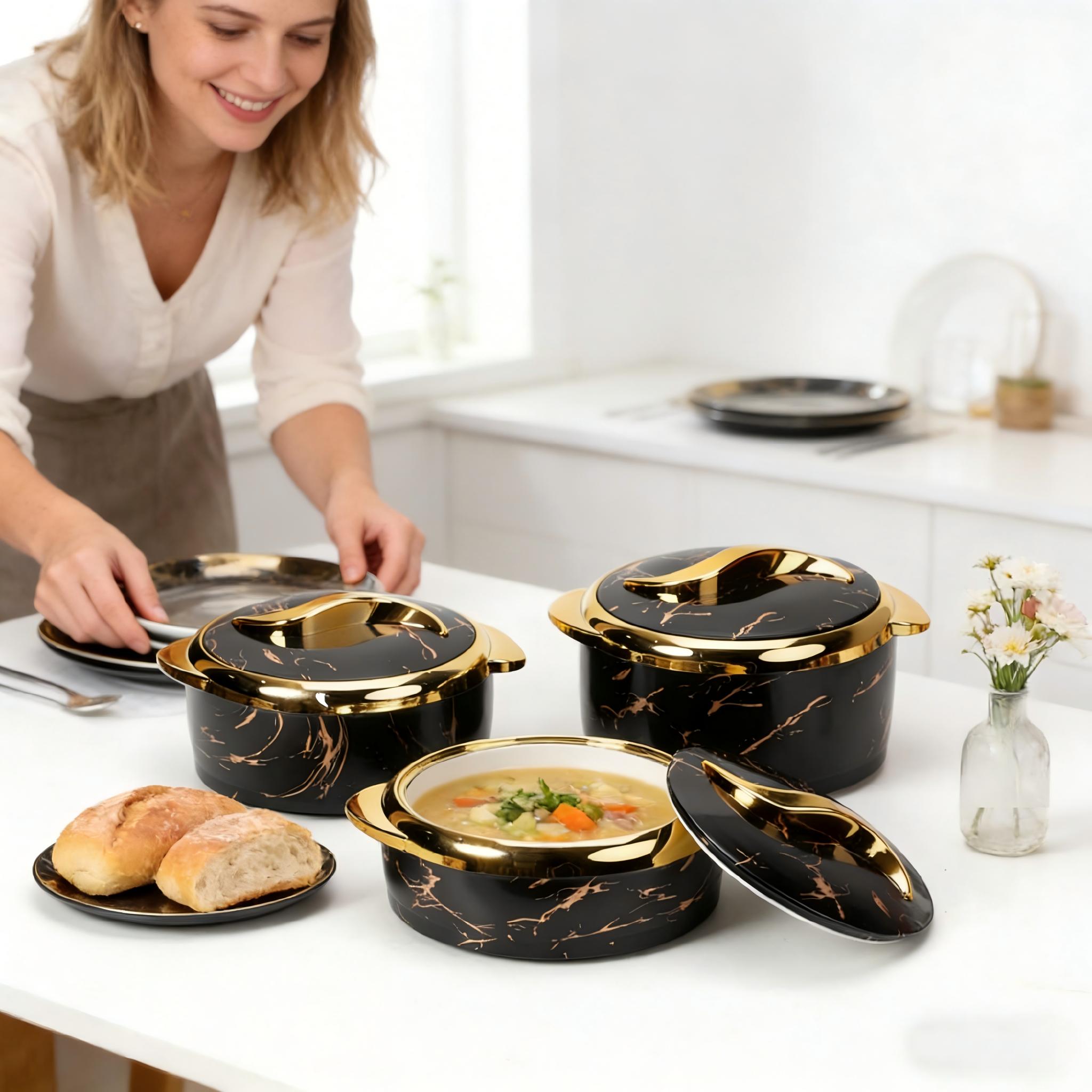 3-piece black insulated casserole set with lids, insulated bowls can keep food hot or cold, stainless steel insulated containers are suitable for making Indian pancakes, salads, soups, and party food (2.6/2.1/1.6 quarts)