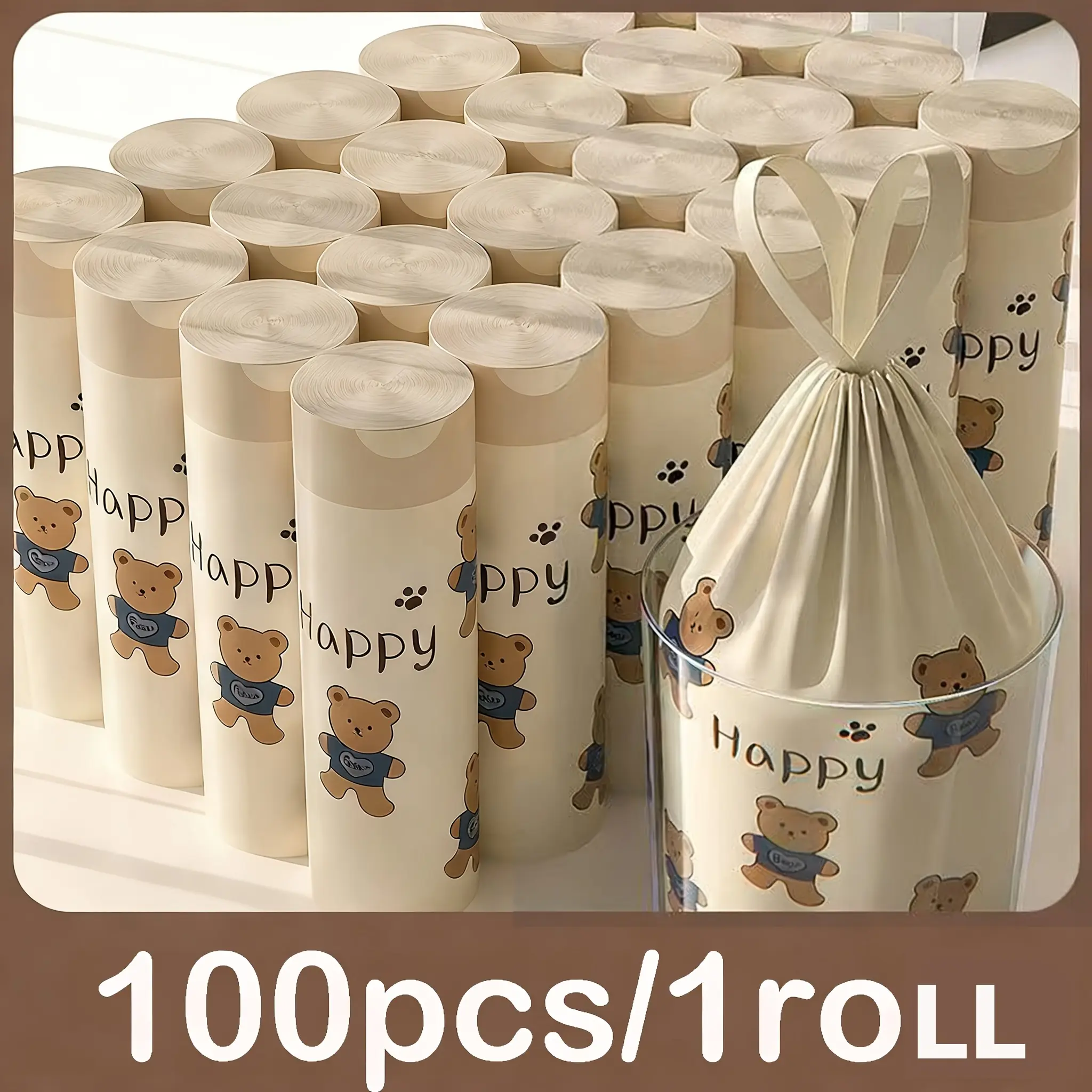 100pcs/Roll Cute Happy Bear Drawstring Trash Bags, Double-Sided Thickened Anti-Tear Garbage Bags, Aromatic Leak-Proof Large Capacity Drawstring Garbage Bags for Home Kitchen Bags, Household Trash Bags, Pet Waste Bags