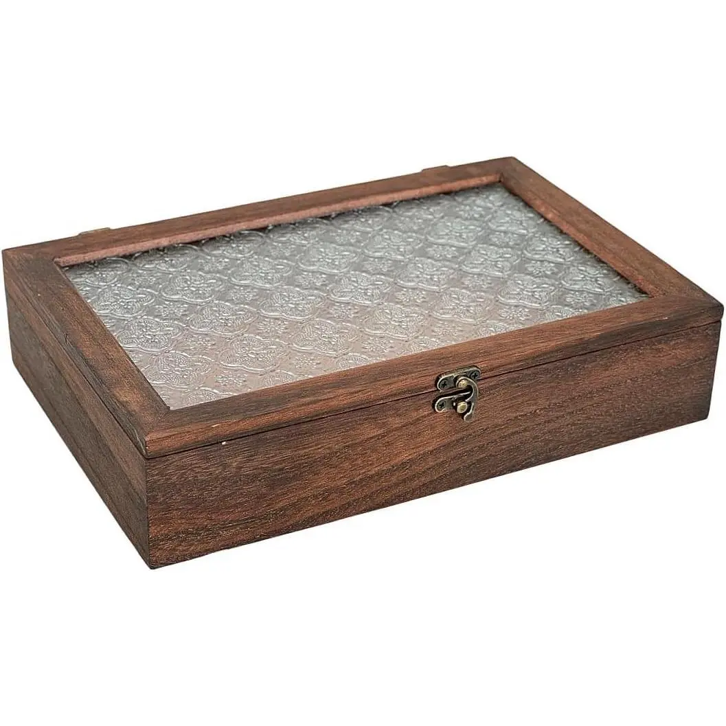 Keepsake Box - Vintage Wooden Decorative Box with Glass Lid for Jewelry, Trinket, Photo & Memory Storage (Large)