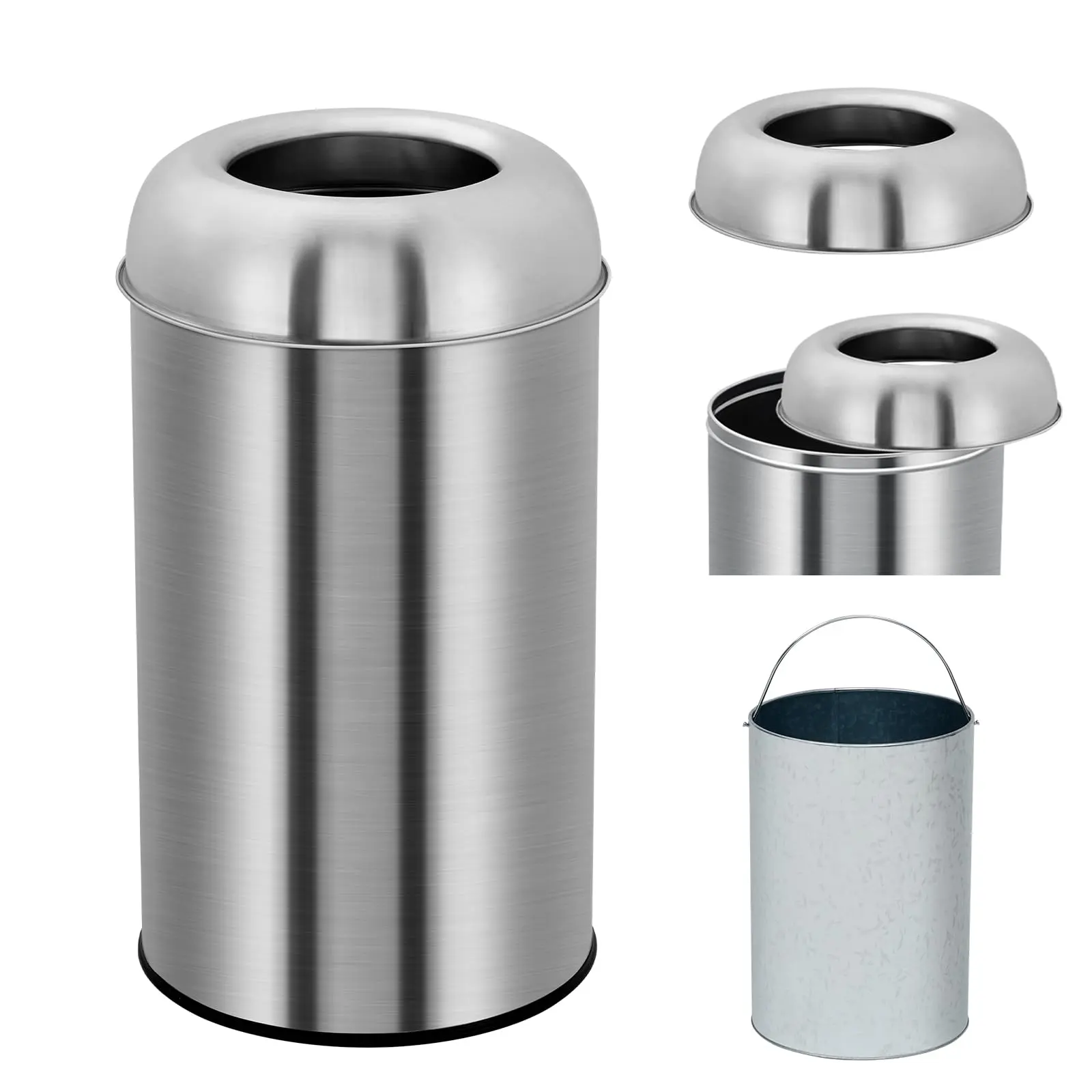 GARVEEOpen Top Trash Can in 13 Gallon/50 L and 18.5 Gallon/70 L sizes, commercial grade stainless steel round design with removable inner wastebasket, ideal for indoor and outdoor use in homes, offices, and restaurants