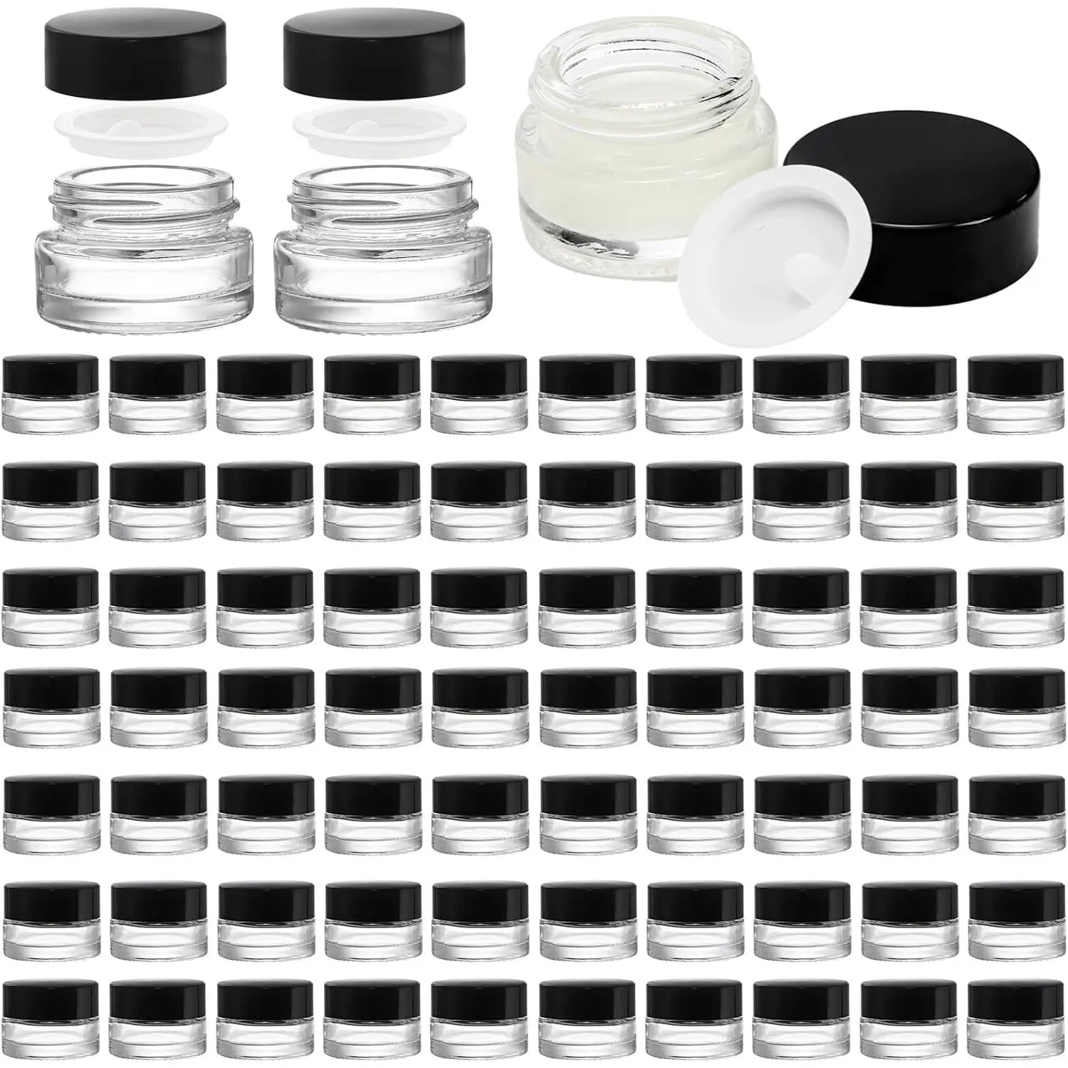 90 Pack 5ml Glass Sample Containers with Black Lid, Mini Glass  Jars with Inner Liner Bulk Refillable  Glass Jars for , Lotion, Cream, Samples, Wax, Skincare, Travelling
