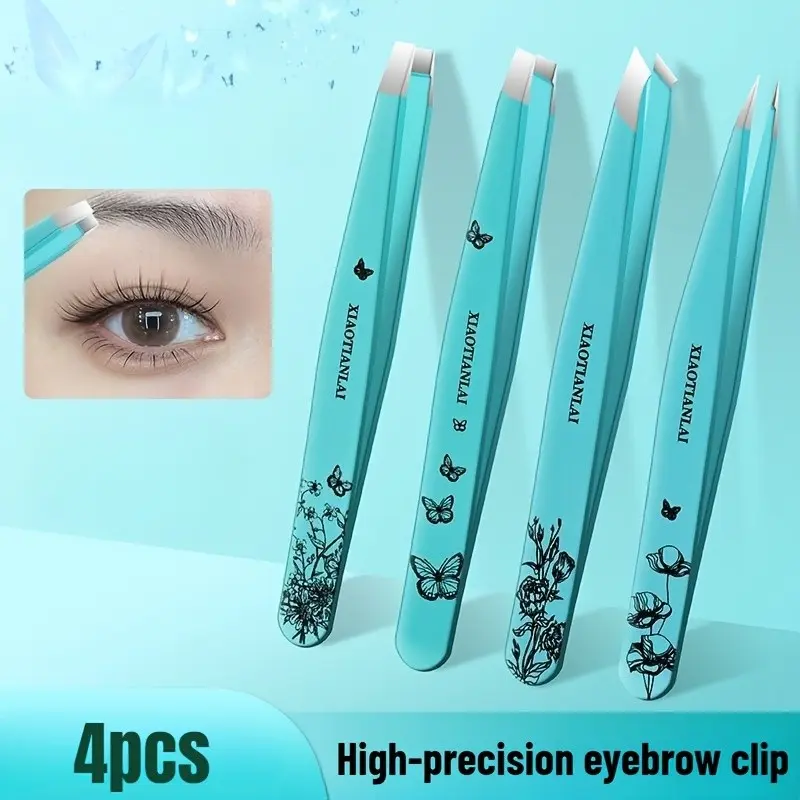 4-Piece Butterfly Pattern Stainless Steel Eyebrow Pliers Set, Tiffany Blue, Non-Slip Precision, Included Leather Case Portable Eyebrow Tool