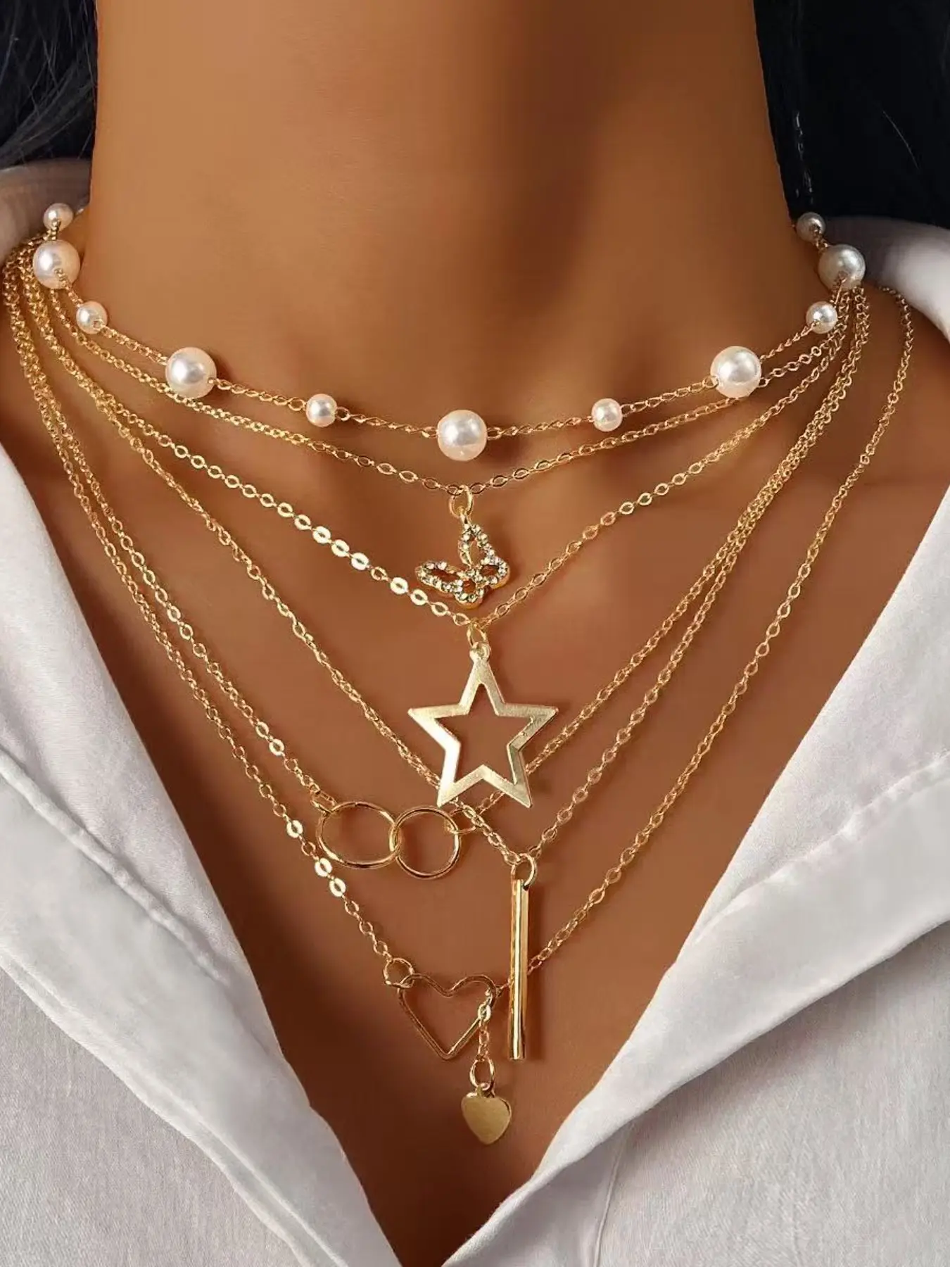 Ligui 6Pcs Layered Gold Necklace Set, Pearl Choker Butterfly Star Heart Circle Bar Pendant Multi Layer Stackable Necklaces for Women Trendy Y2K Boho Jewelry Gift
