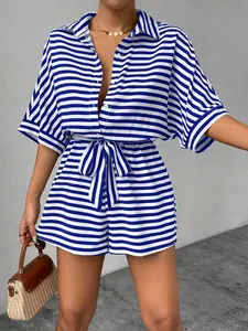 Striped Lapel Cardigan Button Middle Sleeve Belt Shorts Set One-Piece Dress for Women, Loose, Casual, Stylish and Comfortable
