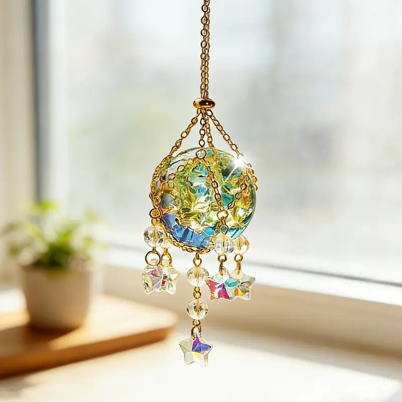 1pcs Crystal Suncatcher Hanging Ornament with Star Pendant, Rainbow Prism Window Hanging Decor, Golden Chain Glass Wind Chime. Suitable for Garden, Patio, and Home Decor as a Golden Metal Hanging Ornament. Suitable for Bedroom, Balcony. A Unique Gift