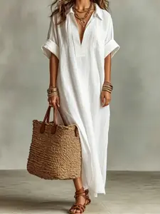 Linen Long Shirt Dress, Breathable Natural Linen Fabric, Embroidered Front Detail, Casual Boho Style, Perfect for Beach Vacations