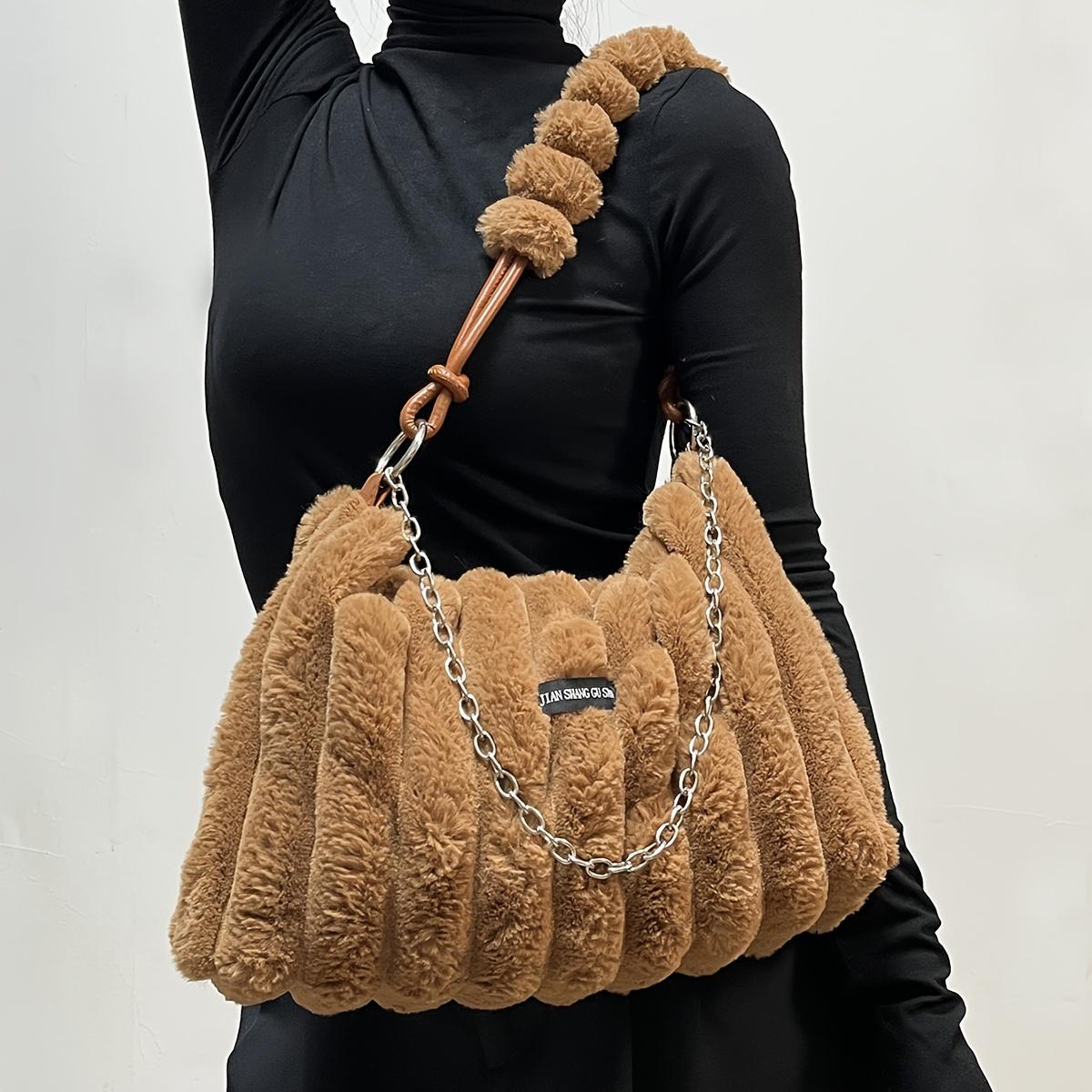 2025 Women's Lightweight Plush Faux Fur Crossbody Bag with Detachable Adjustable Chain Strap Large Capacity Zipper Closure Mixed Colors Caramel Versatile Shoulder Bag for Women Fashion Accessory Crossover Handbag Soft Texture Purse