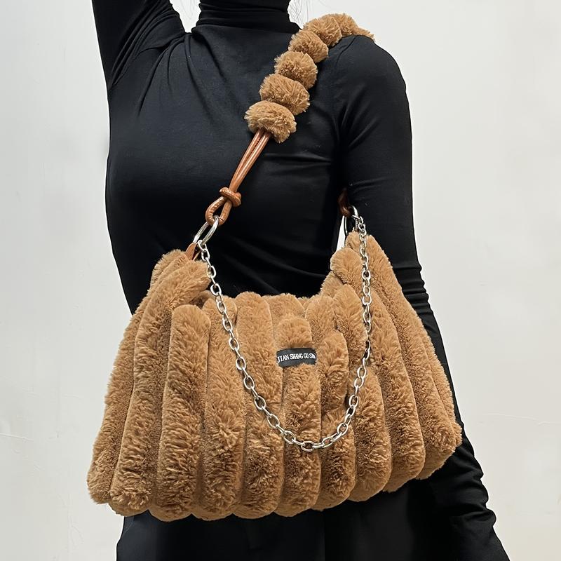 2025 Women's Lightweight Plush Faux Fur Crossbody Bag with Detachable Adjustable Chain Strap Large Capacity Zipper Closure Mixed Colors Caramel Versatile Shoulder Bag for Women Fashion Accessory Crossover Handbag Soft Texture Purse