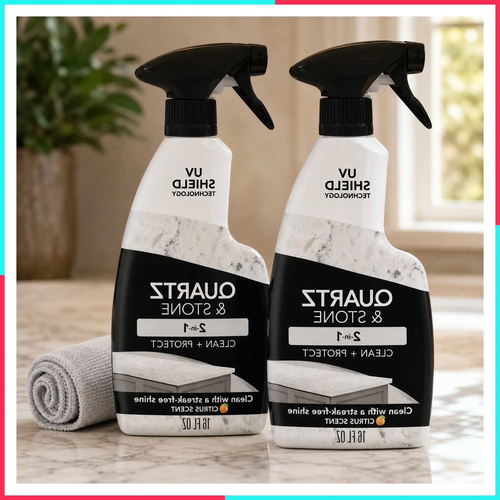 Quartz Countertop Cleaner and Polish (2 Pack with Microfiber Towel) Clean and Shine Quartz Countertops, Islands and Stone Surfaces with UV Protection