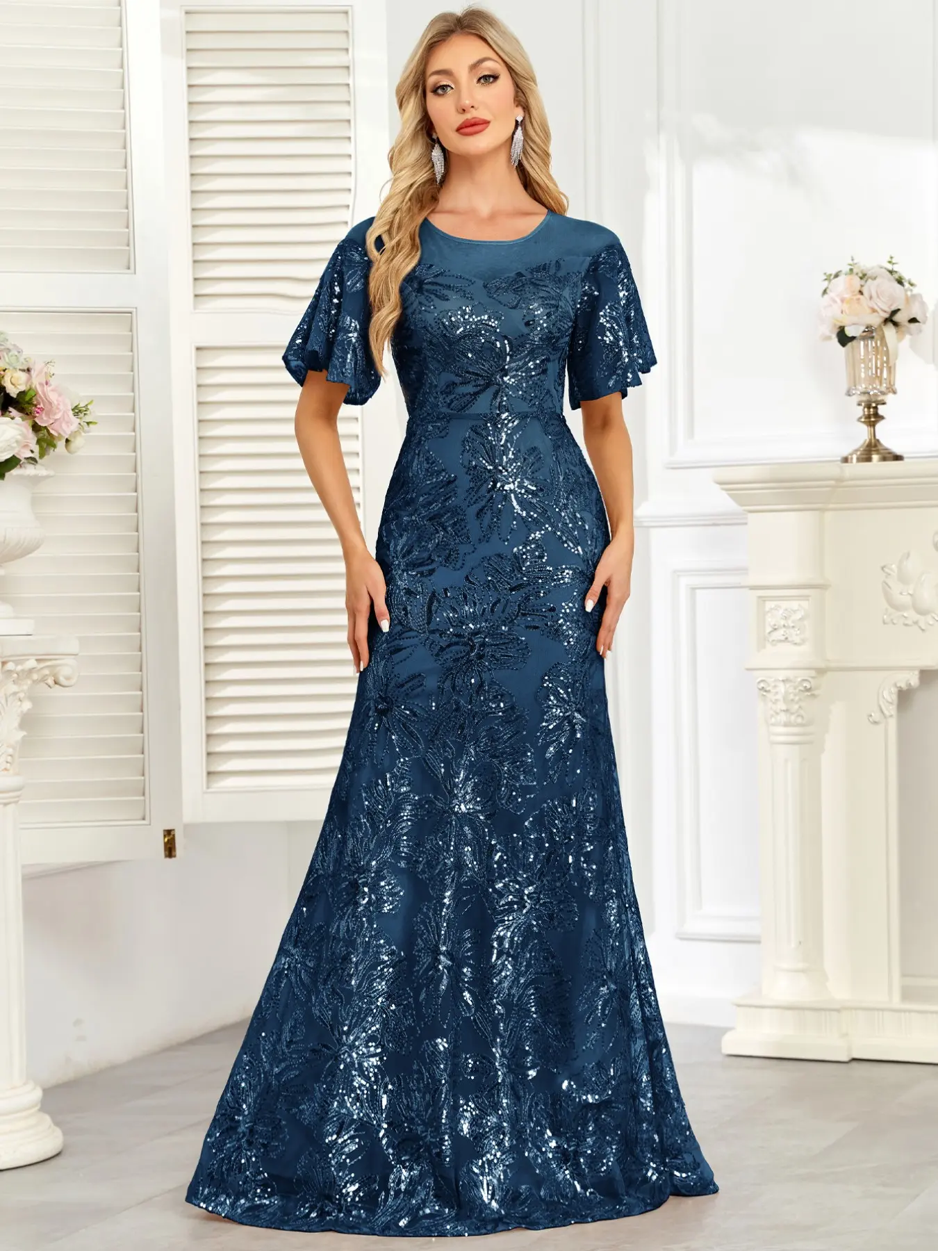 Elegant Sequined Fish Tail Evening Gown, Ball Gown Dress, Round Neck Small Sleeve Long Dress, Wedding Party Formal Wear, Sequins Evening Dress, High-End Full Coverage