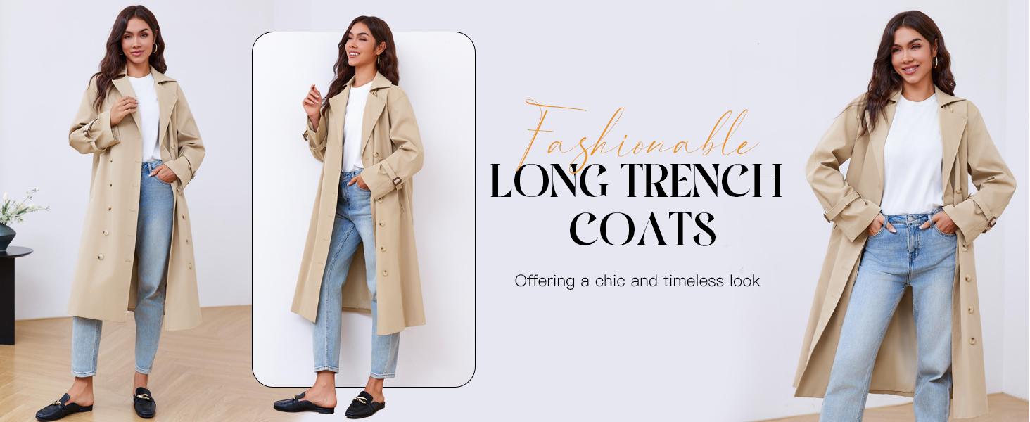 Womens Long Trench Coat Oversized Double Breasted Windproof Classic Lapel Casual Fall Overcoat Tops Womenswear
