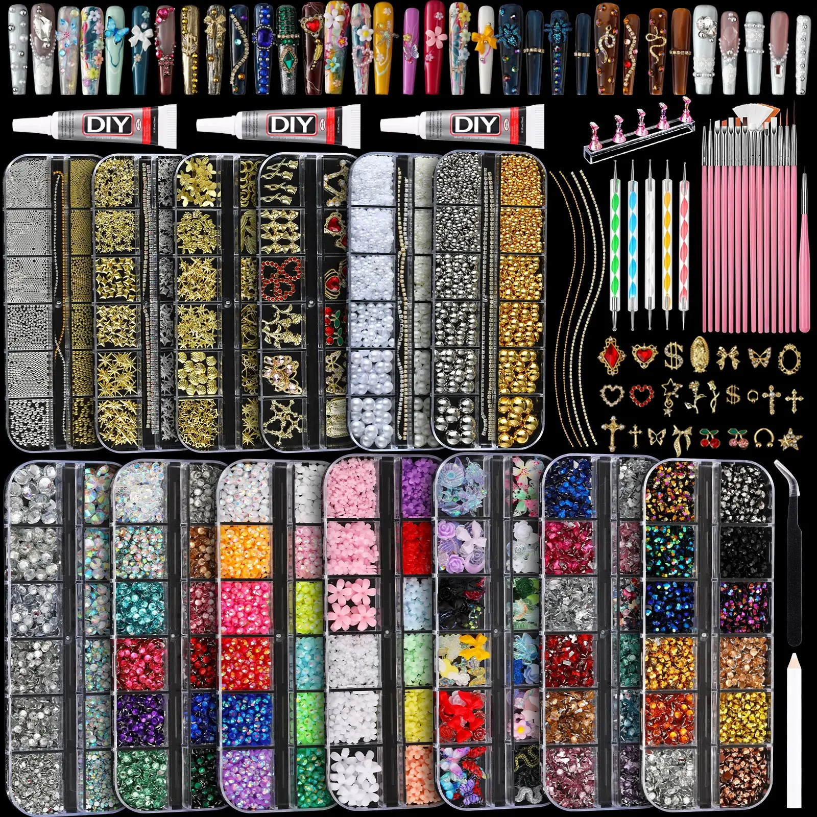 All-in-One Large Nail Art Creation Kit, Complete Metal Charms, Resin Flowers, Multi-Color Rhinestones, Full Painting Brushes & Tools, One Set for Beginners to Make All Nail Designs。Jelly Rhinestones /Bedazzling Kit/Diamong Art。Halloween Gifts for grill，