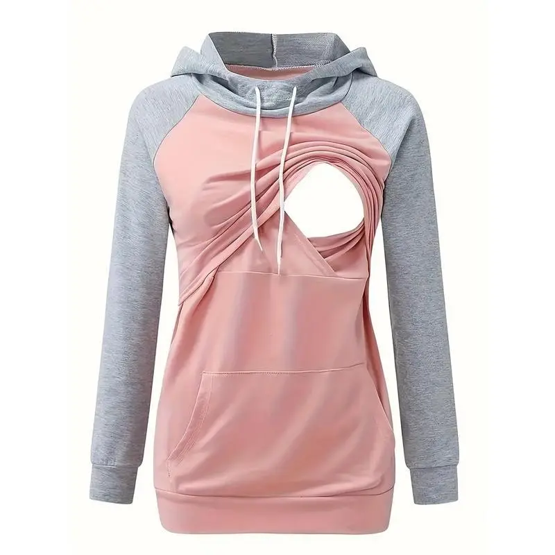 Autumn Winter Maternity Clothing, Women Maternity Contrast Color Hoodies Fashion Hooded Sweatshirt Nursing Shirt