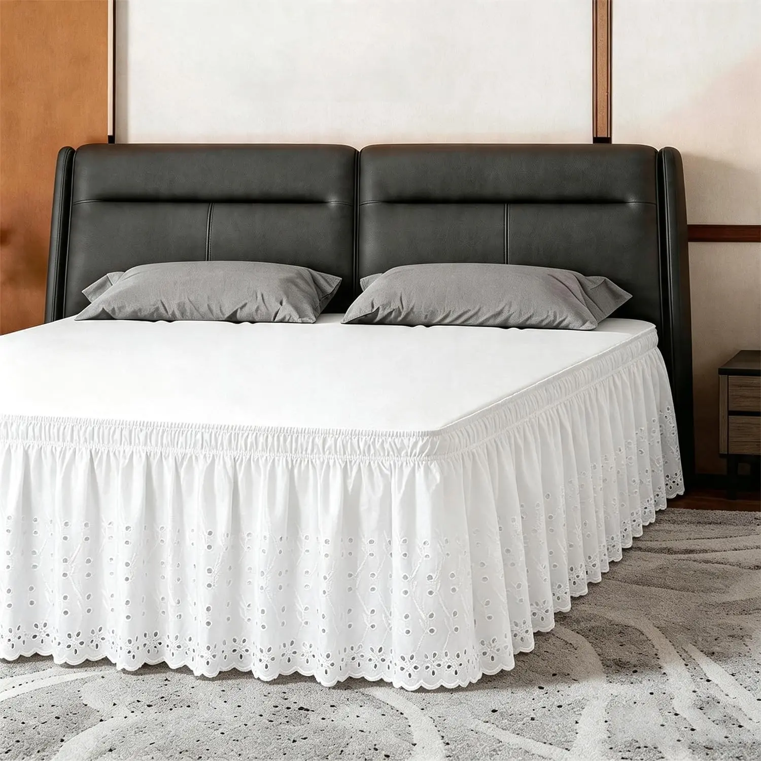 Queen Bed Skirt, Wrap-Around Elastic Ruffled Eyelet Bed Skirt Queen Size Dust Ruffle with Gathered Styling and Embroidered Details, 18" Drop Length (White)