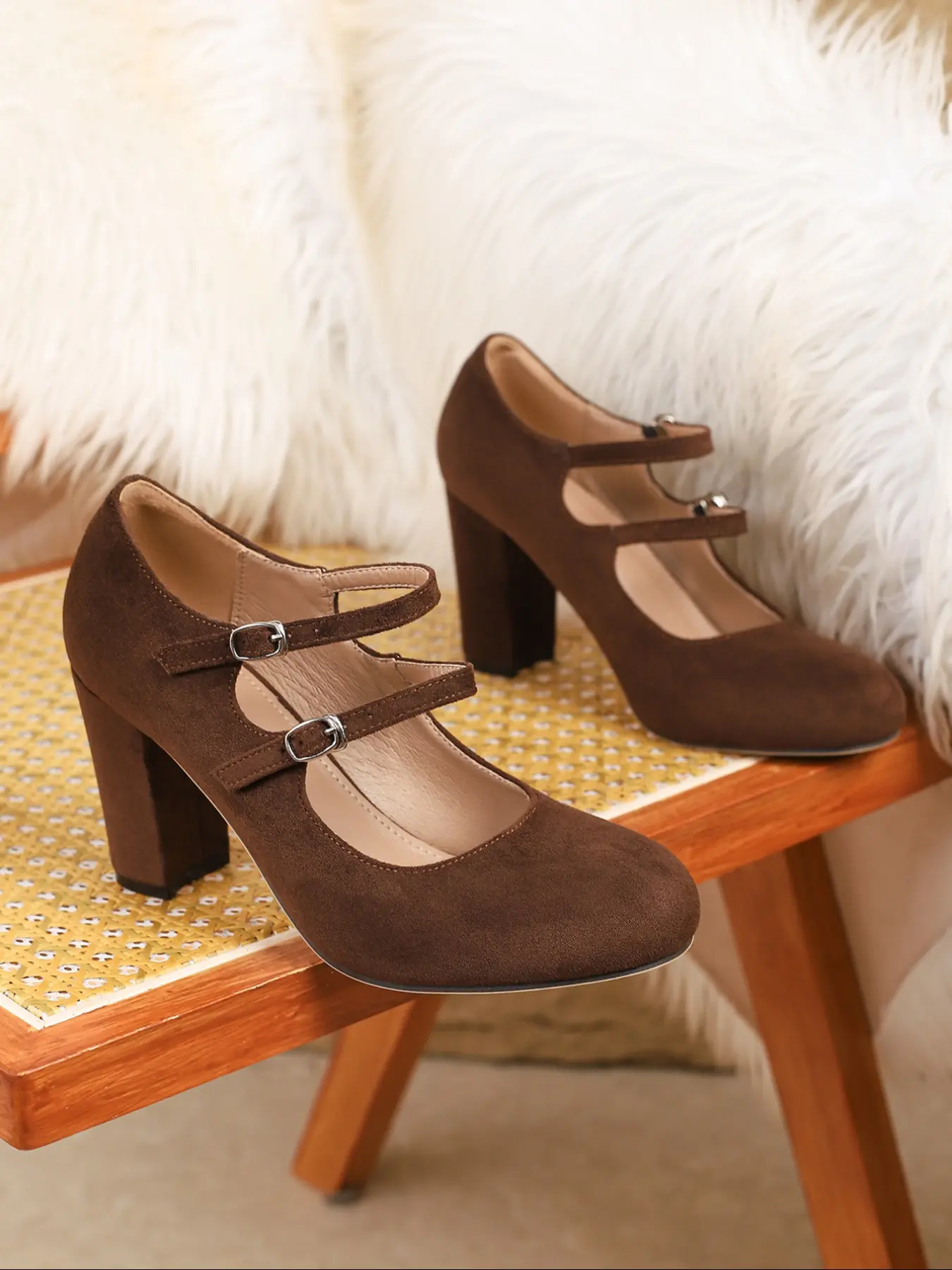 Elegant Classy Women's Mary Jane Footwear High Heels, Comfortable Soft Velvet Design, Buckle Strap Round Toe Thick Heel Rubber, Perfect for Parties, Weddings, Work, Stylish Fashion Shoes