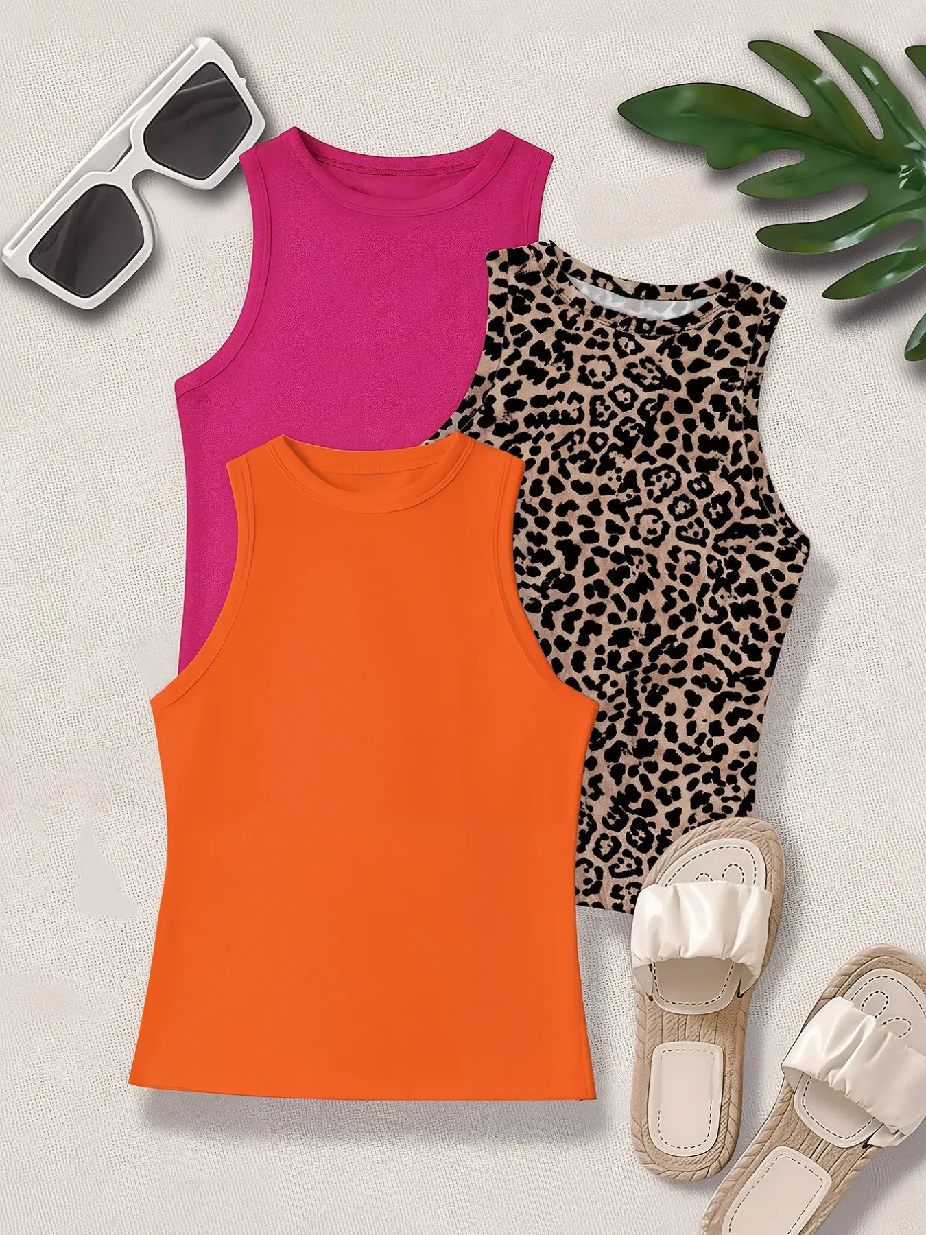 Plus Size Round Neck Sleeveless Three-Piece Set, Leopard Print Solid Slim Fit Casual Innerwear, Daily Wear Comfortable Top