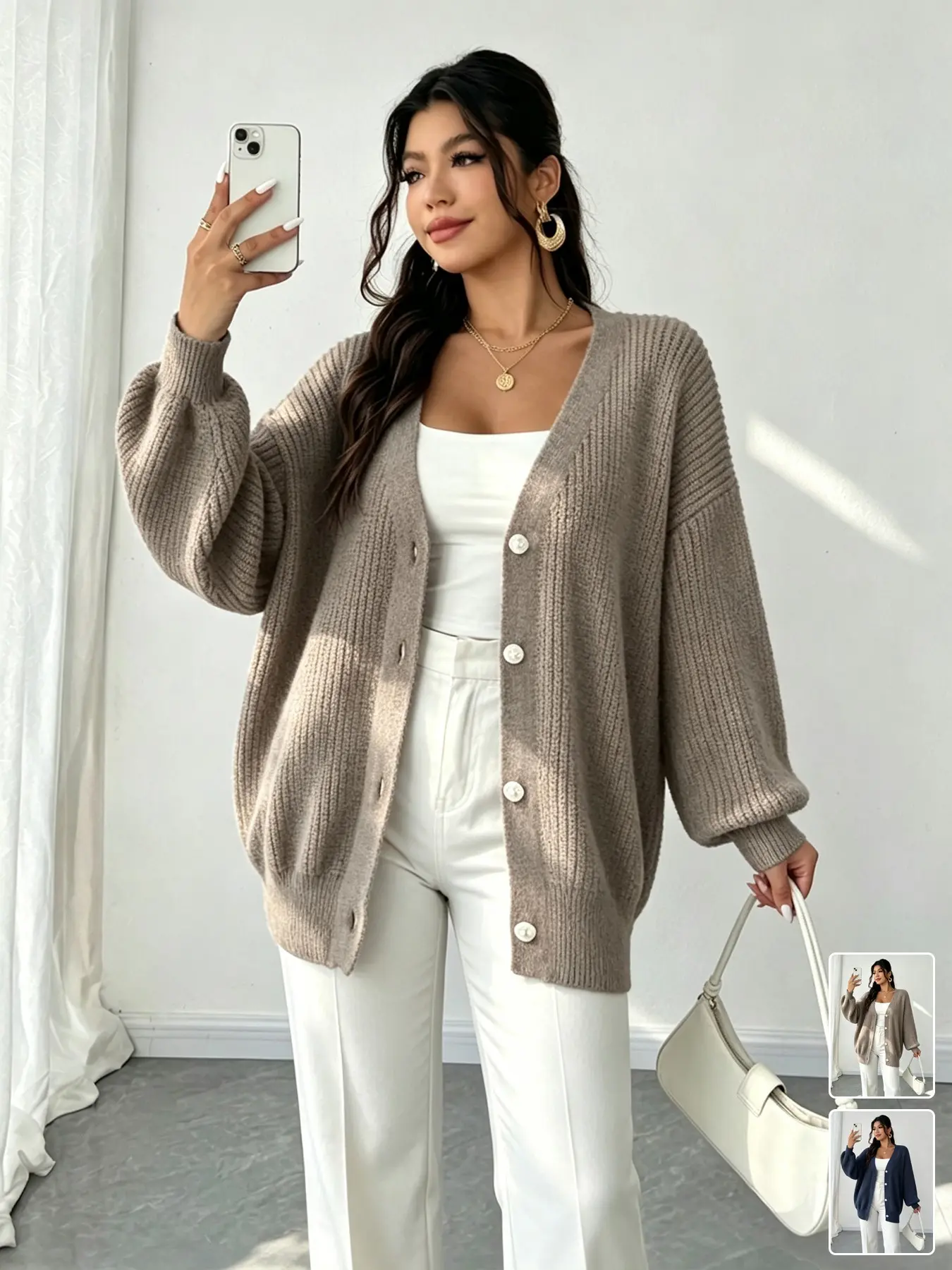 Plus Size V-Neck Button Front Chunky Knit Cardigan, Lantern Sleeve Oversized Lazy Sweater Coat, Multiple Colors Available, Soft Drape & Curvy Friendly, Perfect for Fall Winter Layering, Daily Commute, Date Afternoon Tea, Girls' Shopping, Campus Outfits