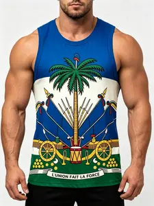 2026 Summer Men's Haiti Theme Full Print Tank Top, Flag Emblem Slogan L'union Fait La Force, Sleeveless Casual Slim-Fitting Shirt