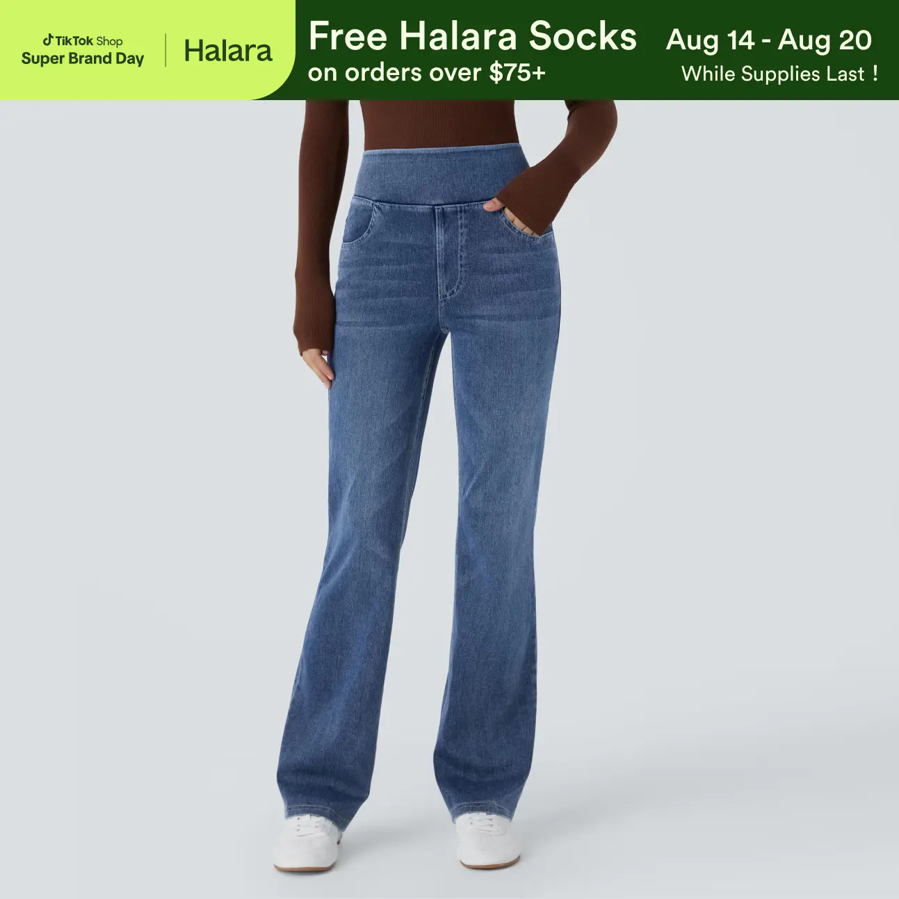 Halara Flex High Waisted Pockets Washed Casual Bootcut Jeans #SwimWeek
