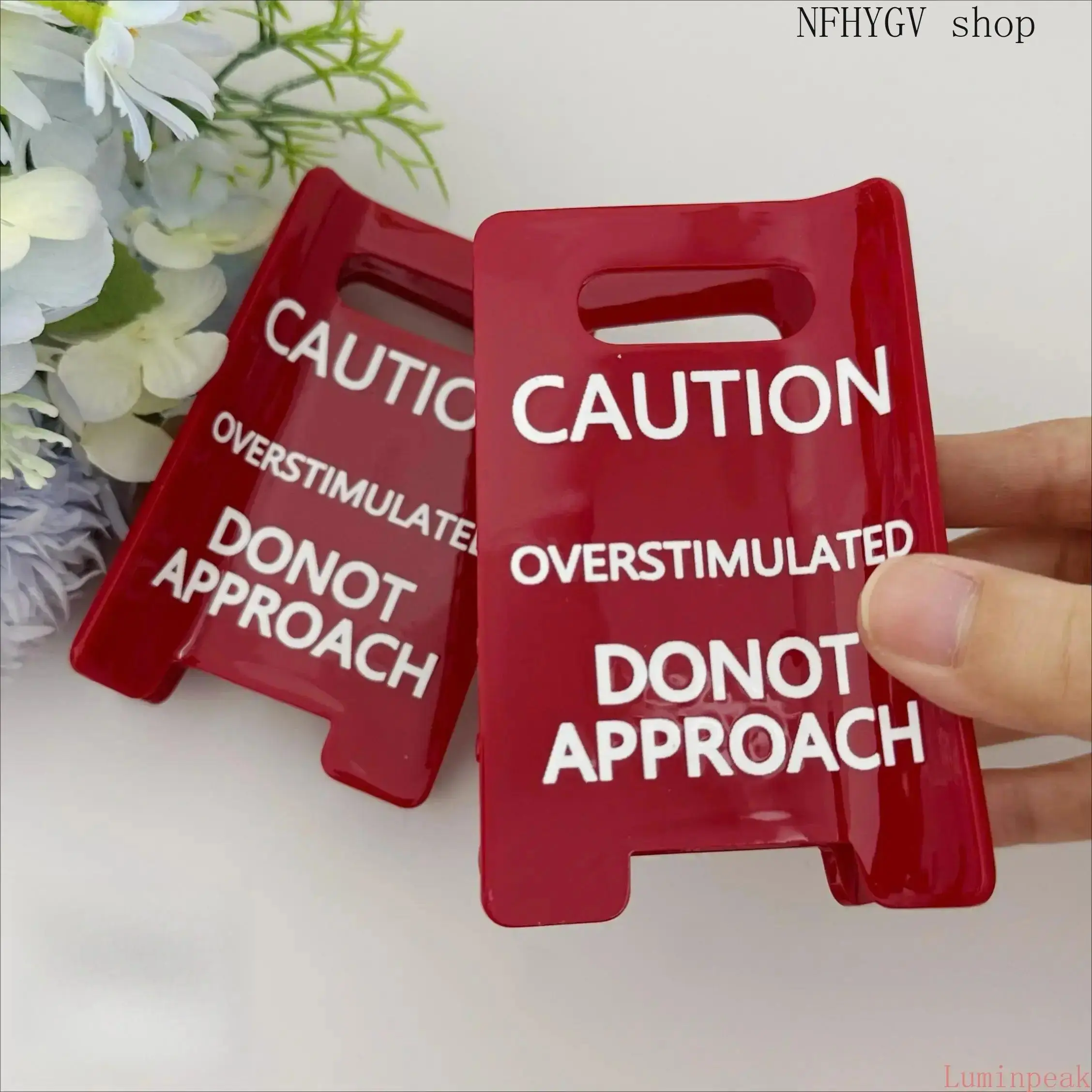 Funny Statement Hair Claw Clip For Women, Red Caution Sign Overstimulated Graphic Print, Unique Strong Hold Plastic Hair Accessory, Creative Humorous Gift For Coworkers And Everyday Indoor Use