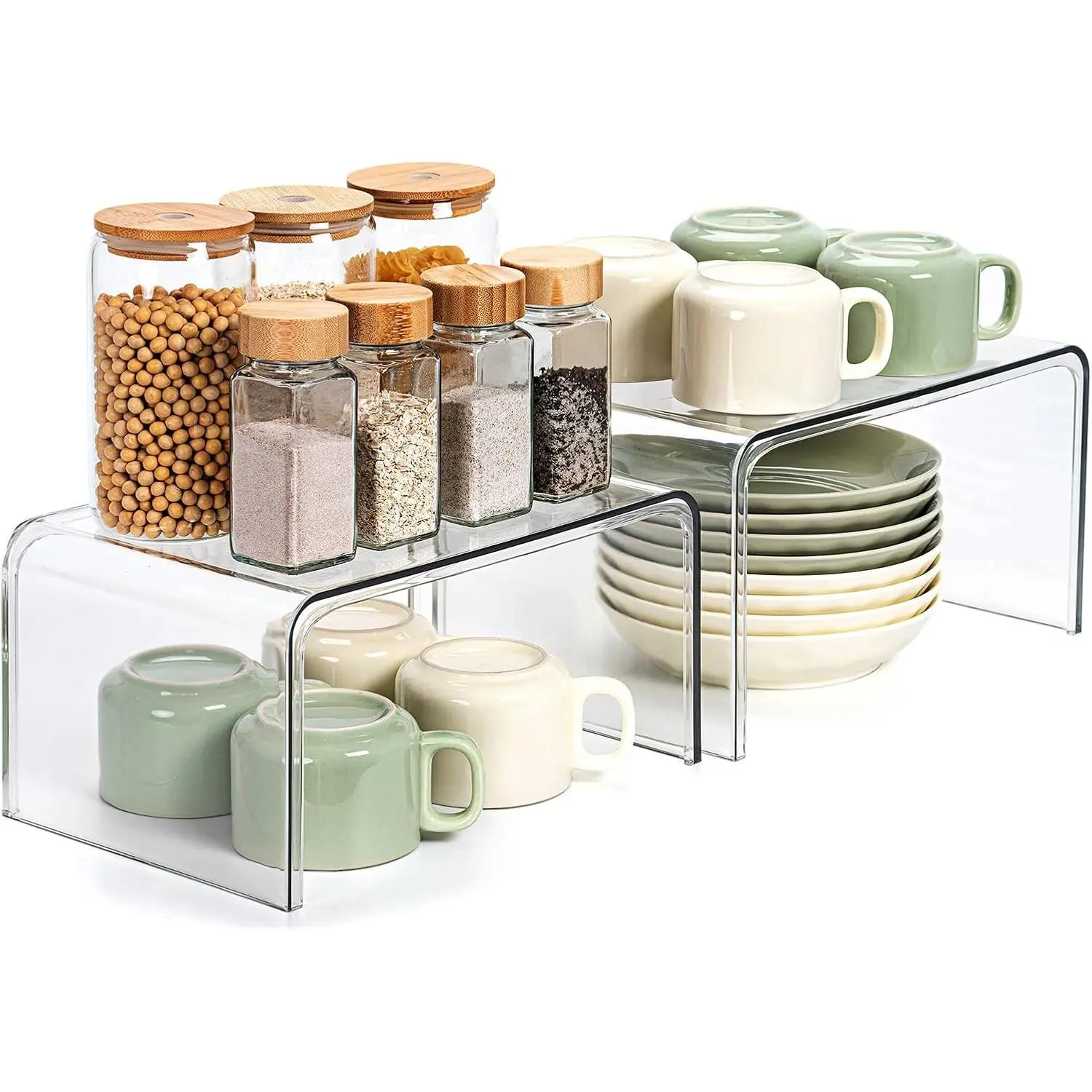 Clear Cabinet Organizer, Shelf Organizer Set of 2 for Kitchen Pantry Organizers and Storage, Display Cabinet Shelf Room Decor Countertop Desk Shelves, Patented Spice Organization for Cabinet